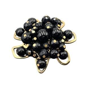 Trina‎ Turk Signed Designer Black Beaded Gold Plated Large Cluster Brooch